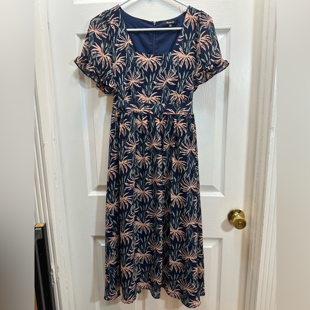 Madewell Navy Dress with Pink and Green Palm Print